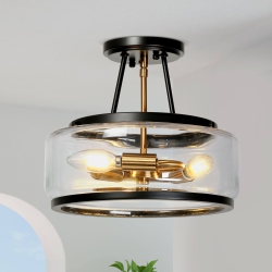 UOLFIN Kitchen Semi-Flush Mount Ceiling Light, 3-Light 11.8-In With Clear Bowl Glass Led Semi-Flush Mount Light In Black