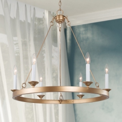 UOLFIN Modern Gold Dining Room Chandelier, 6-Light Farmhouse Brass Wagon Wheel Bedroom Chandelier With Candlestick Lights In White