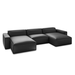 VALENCIA Nathan Aniline Nappa 11000 Top-Grain Leather Modular 3 Seats & 2 Chaises Sofa In Black
