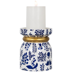 NORTHLIGHT Floral Wooden Candle Holder - 6" - White And In Blue