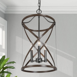 UOLFIN Farmhouse Cylinder Chandelier, 3-Light Bronze Rustic Drum Chandelier Light With Faux Wood Accent