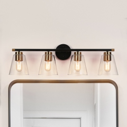 UOLFIN Gold And Polished Gold Bathroom Vanity Light, 30-In 4-Light Brass Gold And Bell Led Transitional Vanity Light In Black