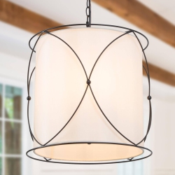 UOLFIN Modern Drum Island Chandelier Pendant Light Kagome 3-Light Matte Cage Chandelier Light With Fabric Shade In Black