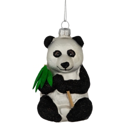 NORTHLIGHT Glittered Panda Bear Glass Christmas Hanging Ornament - 4" - Black And In White