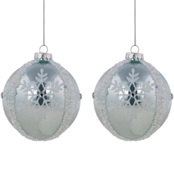 NORTHLIGHT Glitter Snowflakes Beaded Christmas Glass Ball Ornaments - 4" - Ice - Set Of 2 In Blue