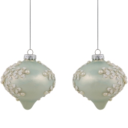 NORTHLIGHT Set Of 2 Pastel With Icy Snowflakes Christmas Glass Onion Ornaments 4" In Green