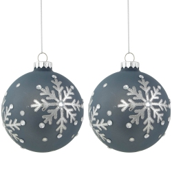 NORTHLIGHT Glitter Mirrored Snowflakes Christmas Glass Ball Ornaments - 4" - Slate - Set Of 2 In Blue