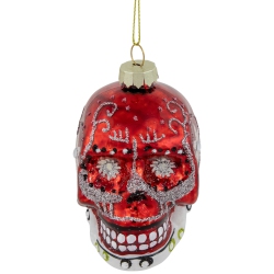NORTHLIGHT Day Of The Dead Skull Head Glitter Glass Christmas Ornament - 3.5" - In Red