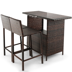 GYMAX 3PCs Wicker Bar Set Height Table 2 Stools W/3 Rows Stemware Racks Garden Patio
