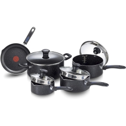 T-FAL Signature 9PC Cookware Set, Non Stick Pots And Pans, Non Toxic Cookware Set, Thermo-Spot Heat Indicator, Dishwasher Safe In Black