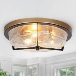 UOLFIN Modern Farmhouse Circle Flush Mount Lighting, 3-Light Transitional Round Ceiling Lights With Crackle Glass Shade In Gold