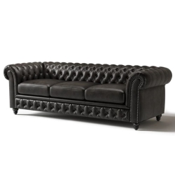VALENCIA Parma 92" Wide Full-Aniline Leather 3 Seats Chesterfield Sofa In Black