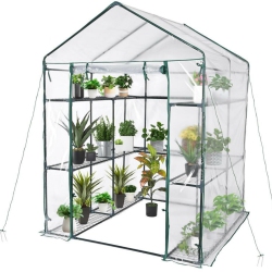 YARDLAB 4.7X4.7X6.4 Ft Large House, 3 Tiers Steel Frame Sturdy House With Pvc Cover Roll Up Zipper Door for Lawn Garden Outdoor Growing In Green