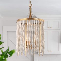 UOLFIN Farmhouse Kitchen Island Pendant Light, 3-Light Antique Candlestick Chandelier Light With Wooden Beads In Gold
