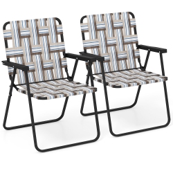 GYMAX Folding Lawn Beach Chair Portable Chair Set Of 2 W/ Elegant Weaving Design Coffee In Sand