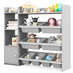 GYMAX 4-Tier Kids Toy Storage Organizer Bookshelf W/ 8 Toy Organizer Bins Door