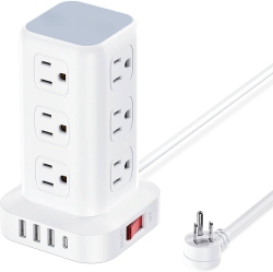 VECELOLIBILIS Power Strip Tower Surge Protector Power Strip \w USB 12 Outlets \w 4 USB Ports (1 USB C), Flat Plug 6Ft Extension Cord Multi Plug