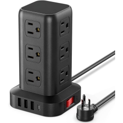 VECELOLIBILIS Tower Power Bars \w Surge Protector (USB-C), Surge Protector Power Bar \w 12 Widely Outlets And 4 USB Ports, 6.5Ft Extension Cord Indoor
