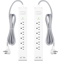 VECELOLIBILIS 2 Pack Power Bar, Extension Cord \w 6 Outlets 2 USB Ports, Surge Protector Heavy-Duty Braided Extension Cords 15A Circuit Breaker Wall