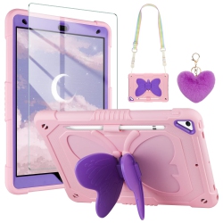 HLD Ipad 9Th 8Th 7Th Gen Case \w Screen Protector/butterfly Kickstand/lanyard/keychain/pencil Holder for Girls Hard Back Shell Shockproof Protective