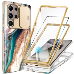 HLD Samsung Galaxy S24 Ultra Case \w Slide Camera Cover+Screen Protector, 2 Front Frames 360° Armor Fullbody Shockproof Bumper Protective Marble