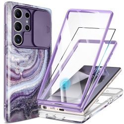HLD Samsung Galaxy S24 Ultra Case \w Slide Camera Cover+Screen Protector, 2 Front Frames 360° Armor Fullbody Shockproof Bumper Protective Marble