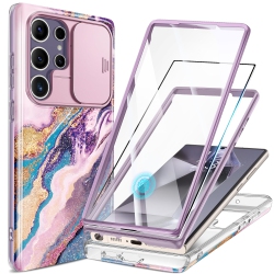 HLD Samsung Galaxy S24 Ultra Case \w Slide Camera Cover+Screen Protector, 2 Front Frames 360° Armor Fullbody Shockproof Bumper Protective Marble