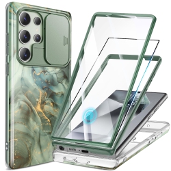 HLD Samsung Galaxy S24 Ultra Case \w Slide Camera Cover+Screen Protector, 2 Front Frames 360° Armor Fullbody Shockproof Bumper Protective Marble