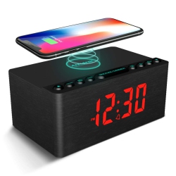 HLD Wooden Digital Alarm Clock Fm Radio, Fast Wireless Charger Station for Iphone/samsung, Dimmable Led Display, USB Charging Port, Sleep Timer, Wood