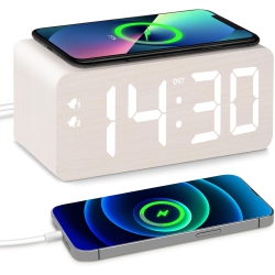 HLD Wooden Digital Alarm Clock \w 10W Fast Wireless Charger, USB Port, Stepless Dimmer, Dual Alarm, Weekday/weekend Mode, Large Led Display, Bedroom
