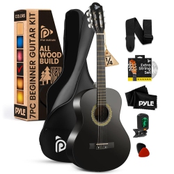 PYLE 6-String Classic Nylon String Guitar, 30’’ Acoustic Junior Scale With Digital Tuner And Accessory Kit (Black)