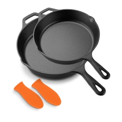 NUTRICHEF 10’’ & 12" Pre-Seasoned Cast Iron Skillet - Non-Stick Cooking Pan With Assist Silicone Handle (2-Piece Set)