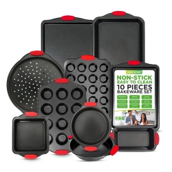 NUTRICHEF Kitchen Oven Baking Pans - Deluxe Nonstick Gray Coating Inside & Outside Carbon Steel Bakeware Set With Silicone Handles (10-Pieces) In Red