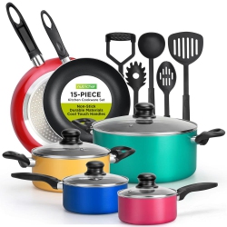 NUTRICHEF Kitchenware Pots & Pans Set - Colorful Kitchen Cookware Non-Stick Coating Inside, Heat Resistant Lacquer And Mixed Colors Outside (15-Piece