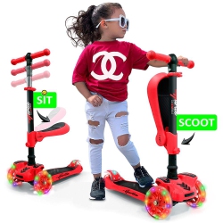 HURTLE Scootkid 3-Wheel Kids Scooter - Child & Toddler Toy Scooter With Built-In Led Wheel Lights, Fold-Out Comfort Seat (Ages 1+) (Red)