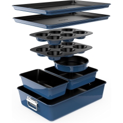 NUTRICHEF 8-Piece Nonstick Stackable Bakeware Set - Pfoa, Pfos, Ptfe Free Baking Tray Set W/non-Stick Coating, 450°F Oven Safe, Round Cake, Loaf