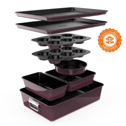 NUTRICHEF 8PCs. Stackable Carbon Steel Bakeware Sets - Non-Stick Coating, Bake Tray Sheet Bakeware Set (Purple)