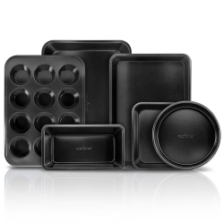 NUTRICHEF Kitchen Oven Baking Pans - Carbon Steel, Non-Stick Coating Inside & Outside Bake Tray Sheet Bakeware Set (6-Pieces) In Black