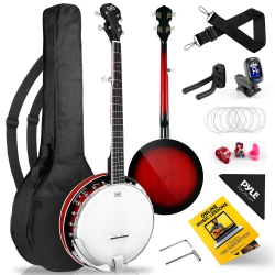 PYLE 5-String Banjo With Pearl Color Plastic Tune Pegs & High-Density Man-Made Wood Fretboard And Accessory Kit (Redburst) In White