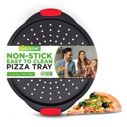 NUTRICHEF Non-Stick Pizza Tray With Silicone Handle - Round Steel Non-Stick Pan With Perforated Holes