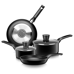 SERENELIFE Kitchenware Pots & Pans Set – Basic Kitchen Cookware Non-Stick Coating Inside, Heat Resistant Lacquer (6-Piece Set) In Black