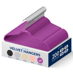 SERENELIFE 200 Pieces Velvet Hangers - Non-Slip, Sturdy, And Heavy Duty Coat Set With 360° Swivel Hook for Clothes (Purple)