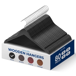 SERENELIFE 80 Pieces Wooden Hangers - Non-Slip, Sturdy, And Heavy Duty Suit Hanger Set \w Chrome 360° Swivel Hook And Notches Design for Clothes