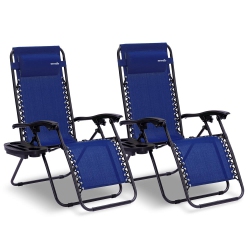SERENELIFE Outdoor Adjustable Zero Gravity Lounge Chair Recliners With Plastic Cup Holder Side Table And Padded Headrest Pillows, 2 Pack, (Blue)