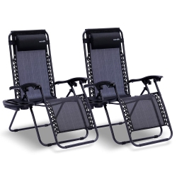 SERENELIFE Outdoor Adjustable Zero Gravity Lounge Chair Recliners With Plastic Cup Holder Side Table And Padded Headrest Pillows, 2 Pack, (Black)