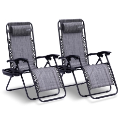 SERENELIFE Outdoor Adjustable Zero Gravity Lounge Chair Recliners With Plastic Cup Holder Side Table And Padded Headrest Pillows, 2 Pack, (Gray)