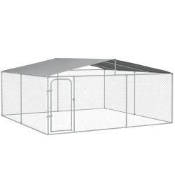 PAWHUT Dog Kennel Outdoor Run Fence With Roof, Steel Lock, Mesh Sidewalls for Backyard & Patio, 15.1' X 15.1' X 7.5'