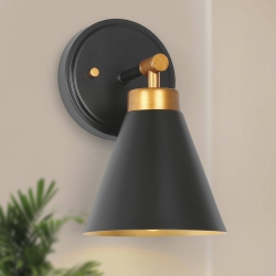 UOLFIN Modern Bathroom Cone Wall Sconce Light, 1-Light And Antique Gold Bedroom Wall Light With Metal Shade In Black