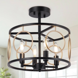 UOLFIN Modern Farmhouse Semi-Flush Mount, 12.8 In. 4-Light And Gold Drum Ceiling Light In Black