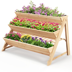 GYMAX 3-Tier Raised Garden Bed W/2 Side Hooks Storage Shelf Garden Planter for Flowers
